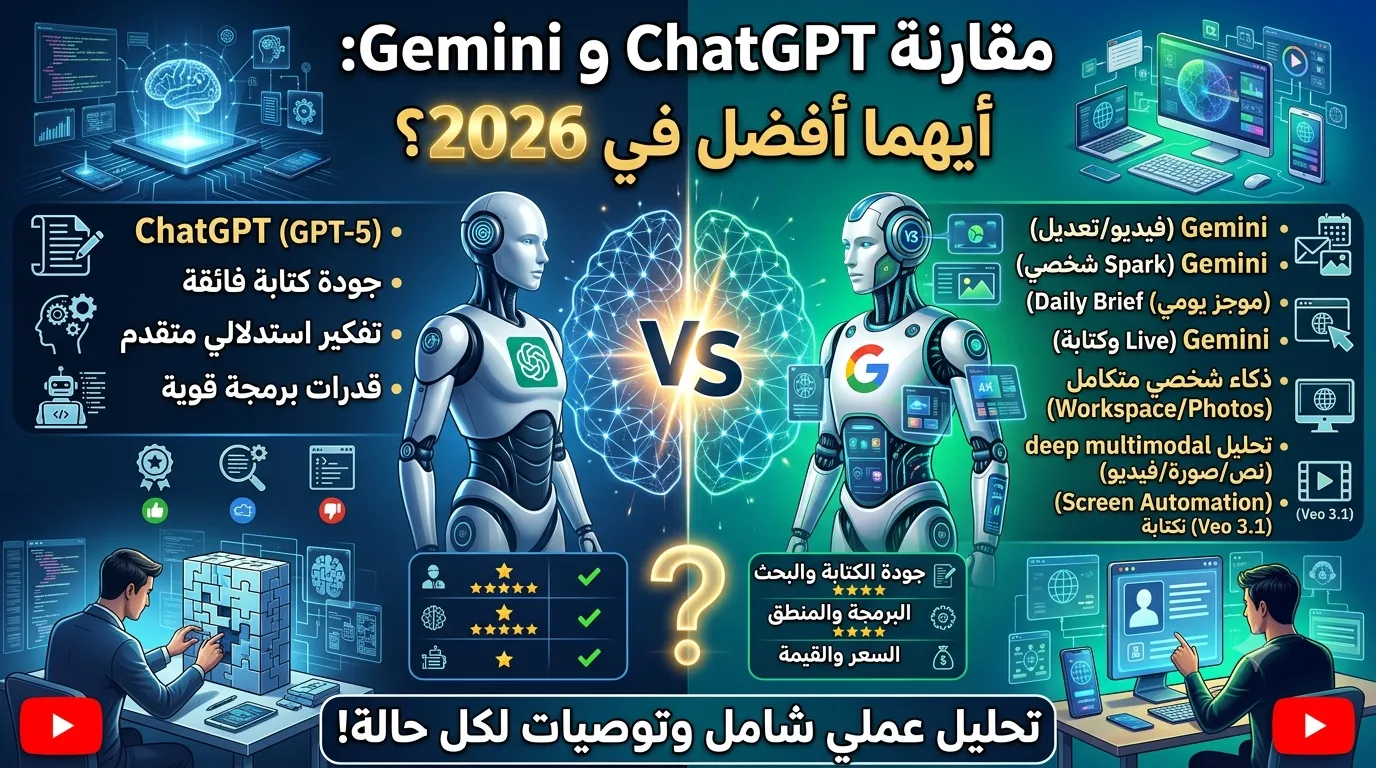 مقارنة ChatGPT و Gemini: أيهما أفضل في 2026؟ | تحليل عملي شامل